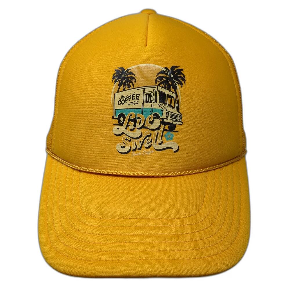 Otto Trucker Hat Yellow OSFM Mesh Back Snapback Live Swell Coffee Truck Graphic
